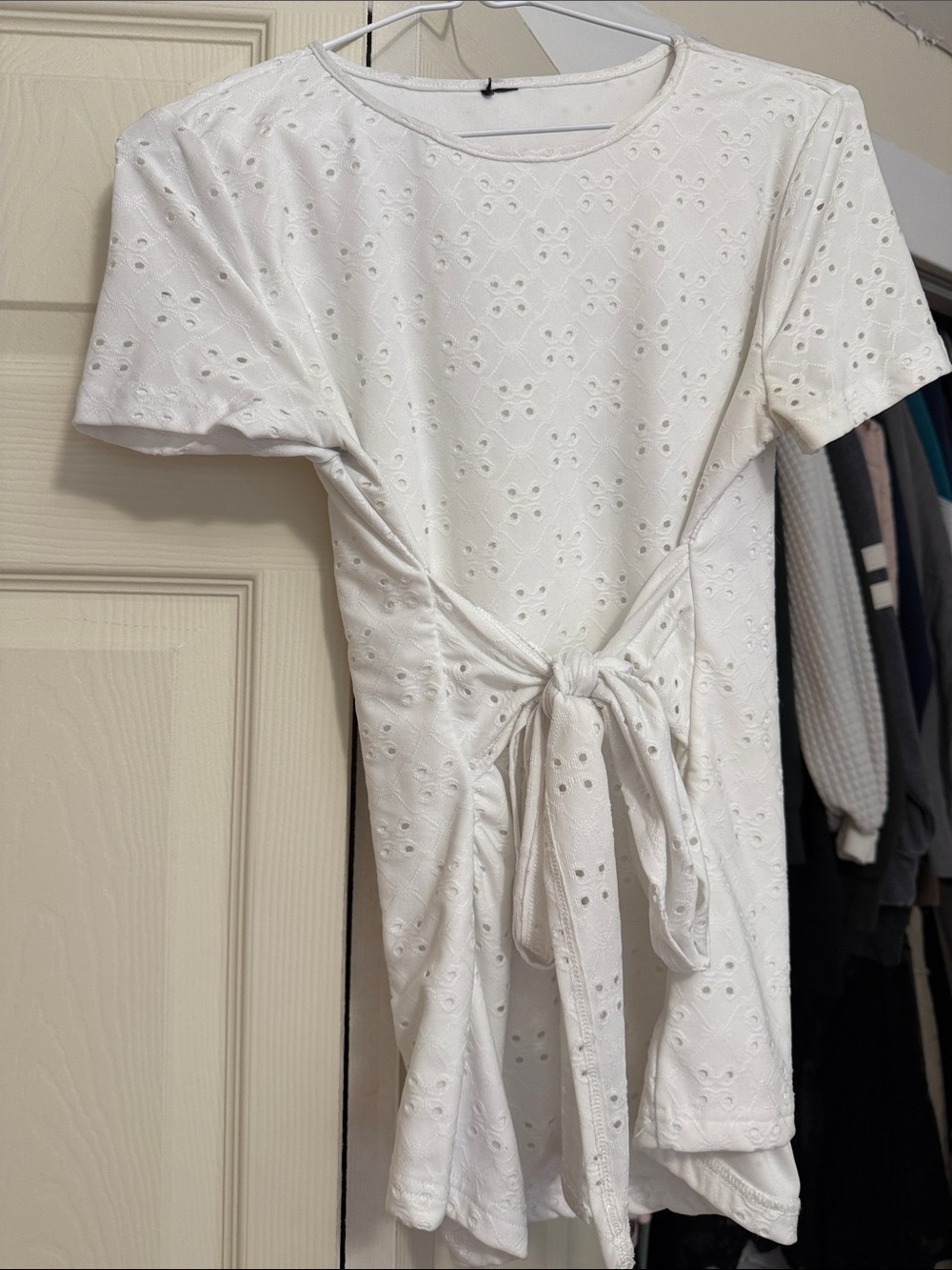 White Maternity Eyelet Tie-Front Short Sleeve Dress